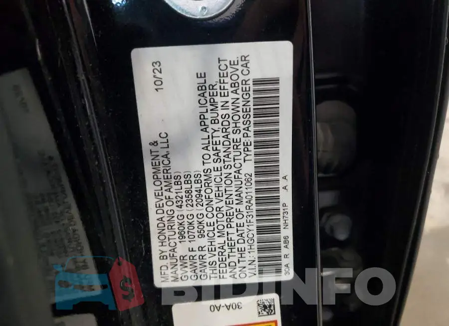 1HGCY1F31RA011062 Photo# 13
