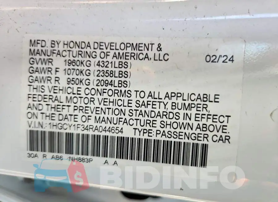 1HGCY1F34RA044654 Photo# 12