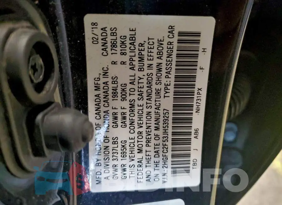 2HGFC2F53JH539257 Photo# 12