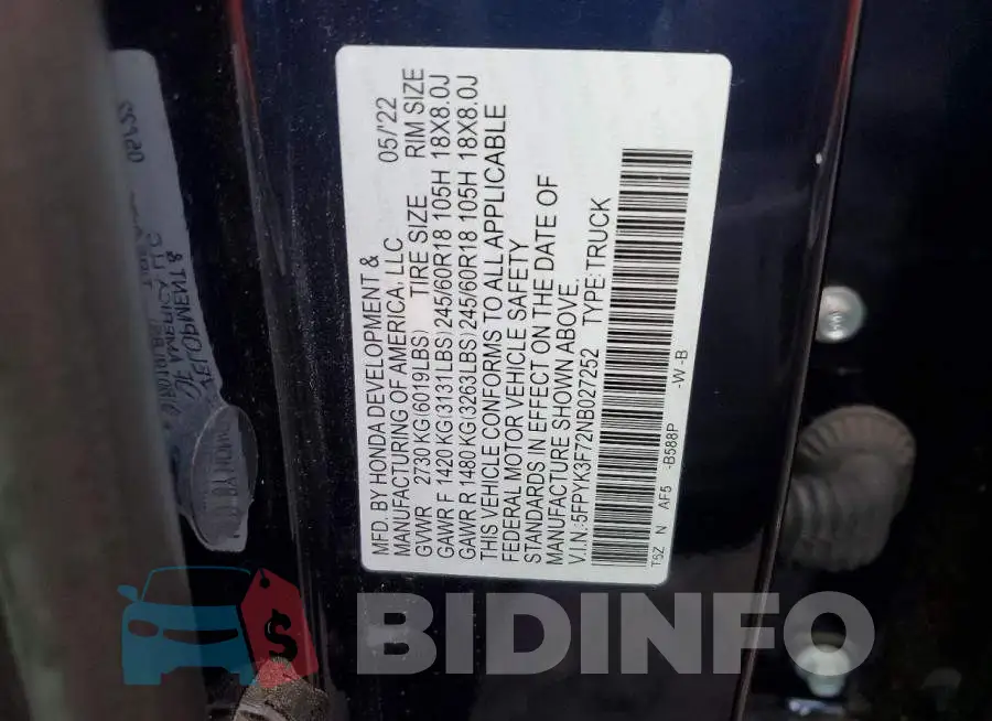 5FPYK3F72NB027252 Photo# 12
