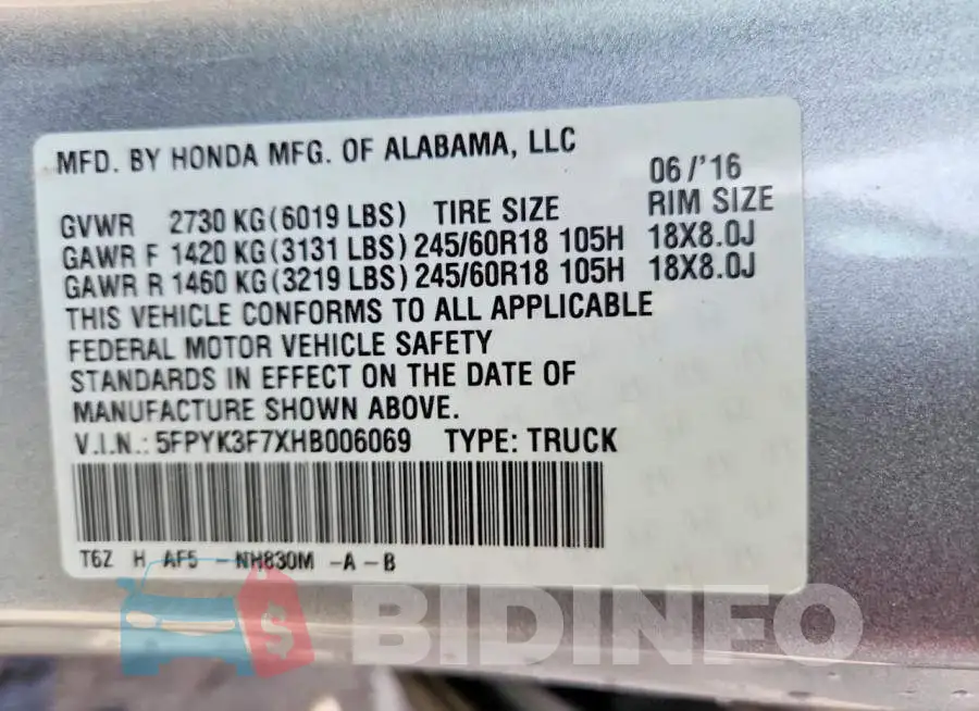 5FPYK3F7XHB006069 Photo# 11