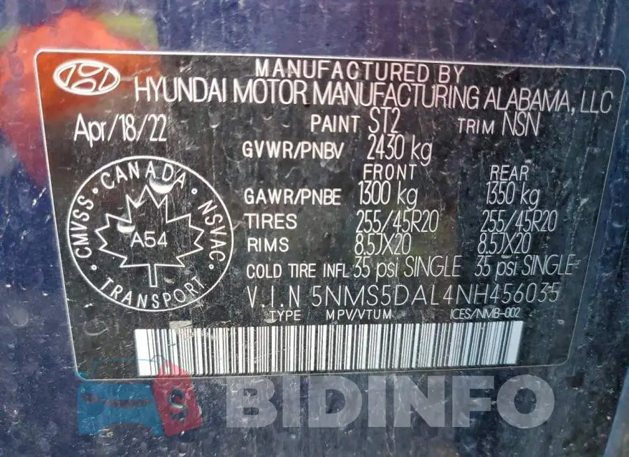 5NMS5DAL4NH456035 Photo# 14