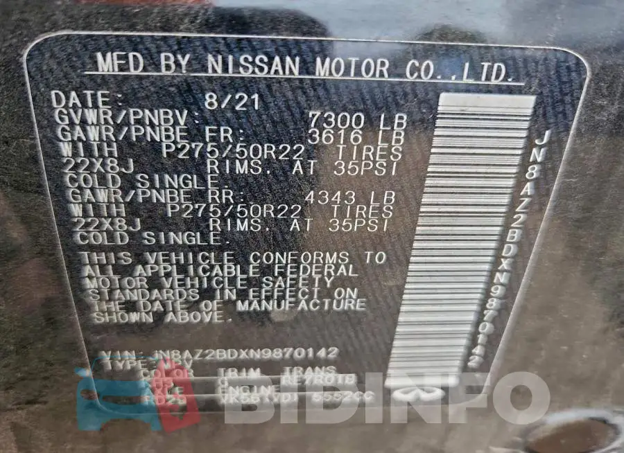 JN8AZ2BDXN9870142 Photo# 14