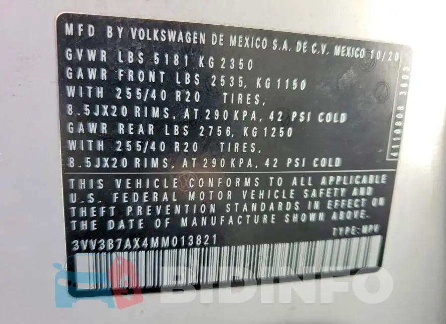 3VV3B7AX4MM013821 Photo# 13
