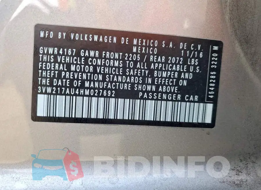 3VW217AU4HM027692 Photo# 13