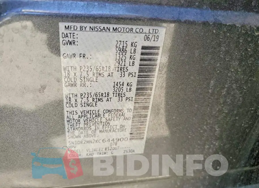 5N1DR2MN2KC644900 Photo# 13