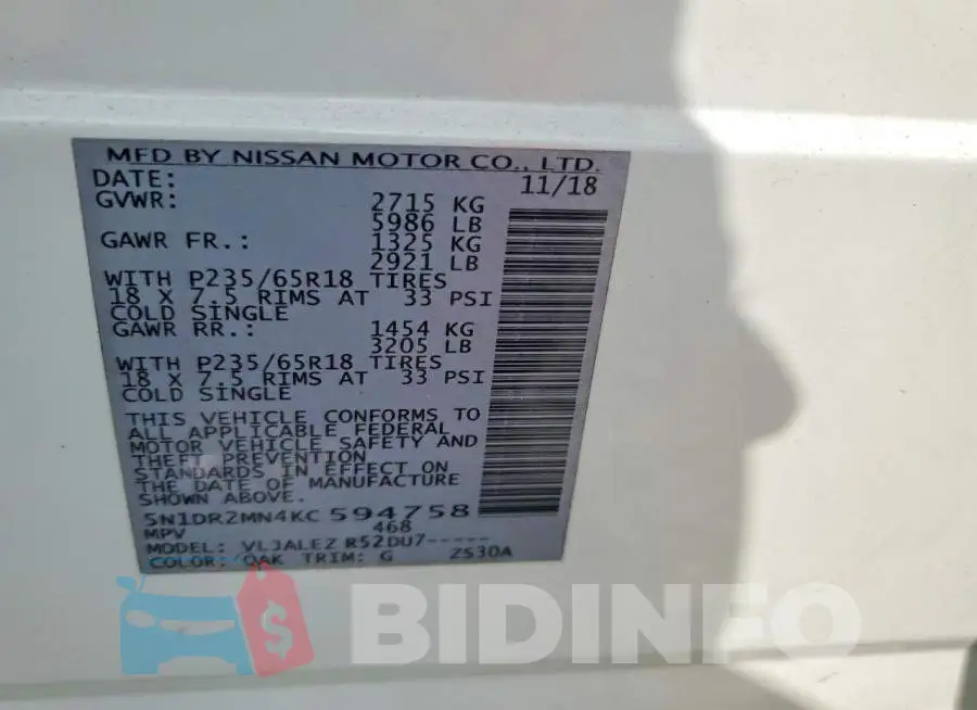 5N1DR2MN4KC594758 Photo# 13