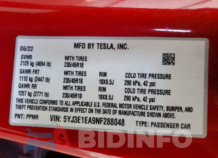 5YJ3E1EA9NF288048 Photo# 13