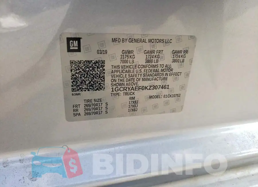 1GCRYAEF0KZ307461 Photo# 12