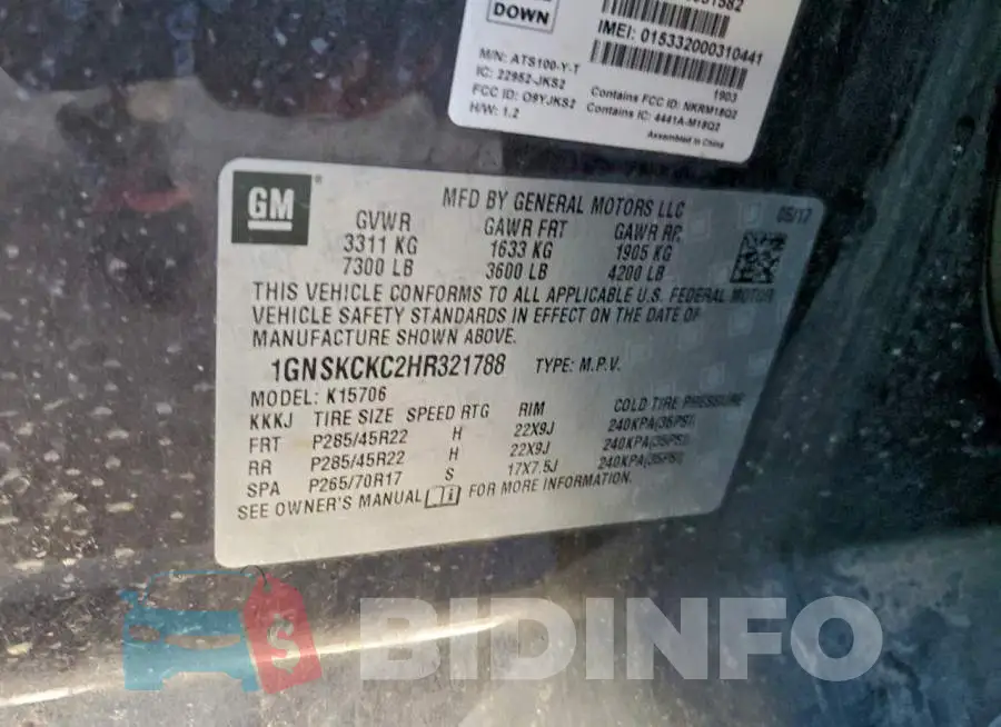 1GNSKCKC2HR321788 Photo# 13