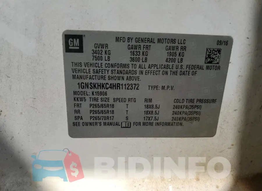 1GNSKHKC4HR112372 Photo# 14