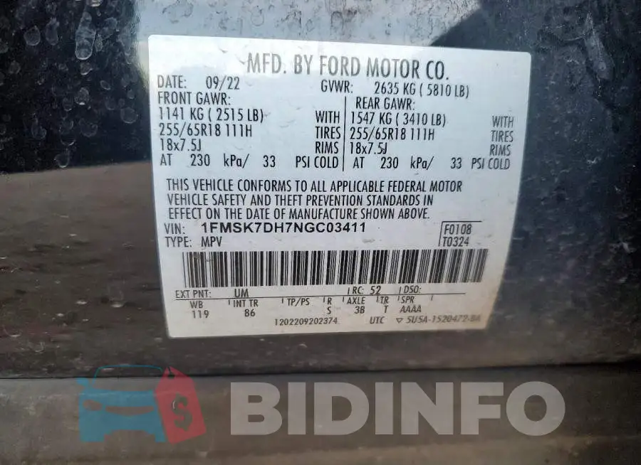 1FMSK7DH7NGC03411 Photo# 14