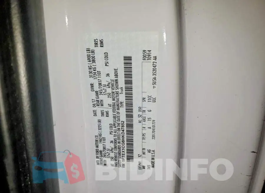 1FTEX1CG8HKD47852 Photo# 12