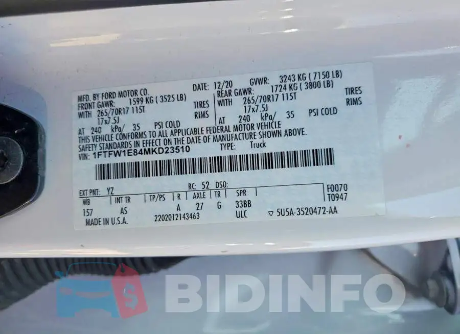 1FTFW1E84MKD23510 Photo# 12