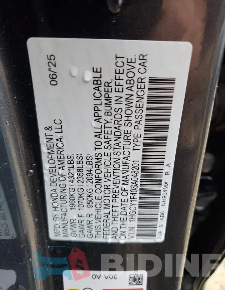 1HGCY1F40SA048201 Photo# 12