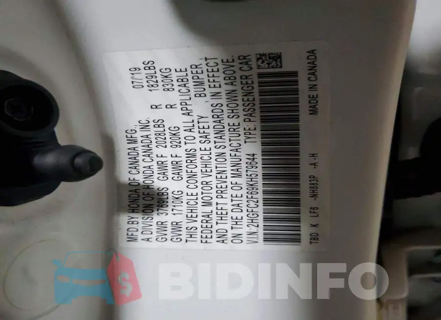 2HGFC2F69KH579644 Photo# 12