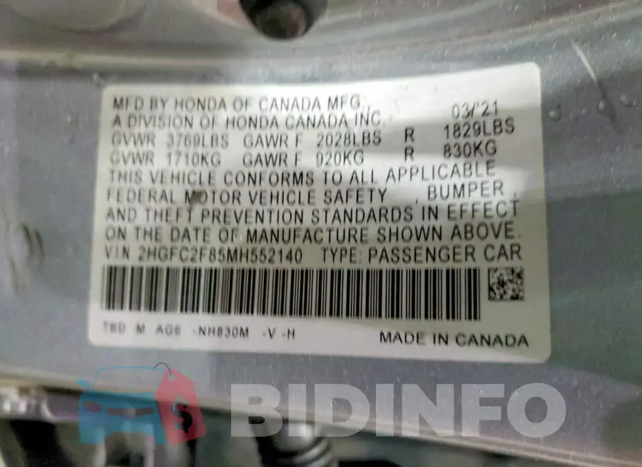 2HGFC2F85MH552140 Photo# 12