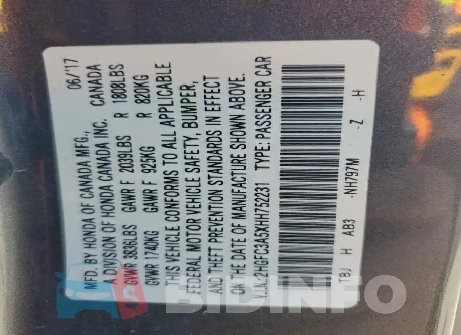 2HGFC3A5XHH752231 Photo# 12