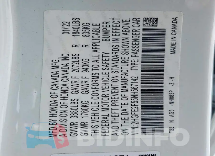 2HGFE2F55NH567142 Photo# 12
