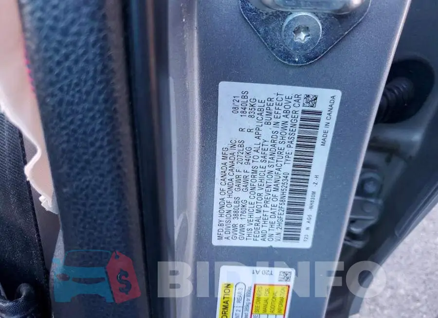 2HGFE2F58NH525340 Photo# 12