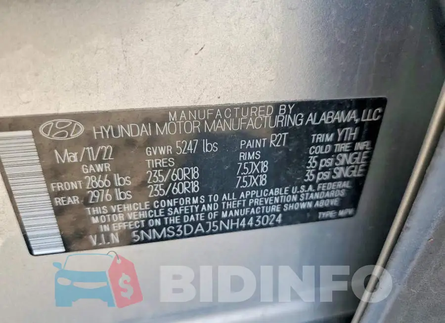 5NMS3DAJ5NH443024 Photo# 13