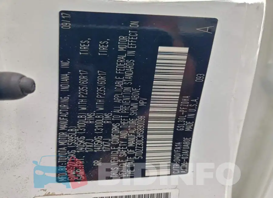 5TDZZ3DC3HS890098 Photo# 13