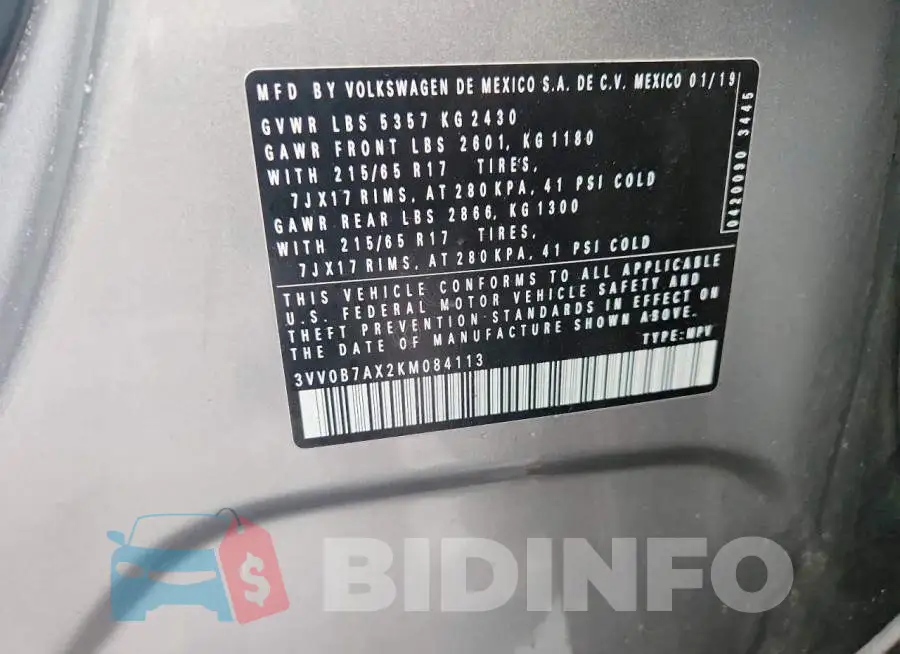 3VV0B7AX2KM084113 Photo# 13