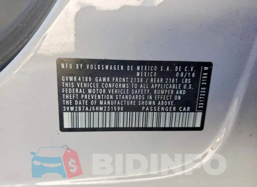 3VW2B7AJ5HM231596 Photo# 12