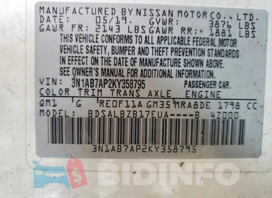 3N1AB7AP2KY358795 Photo# 12