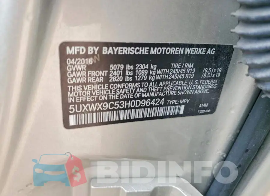 5UXWX9C53H0D96424 Photo# 13