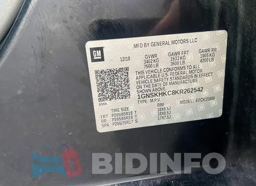 1GNSKHKC8KR262542 Photo# 10