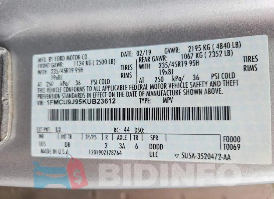 1FMCU9J95KUB23612 Photo# 12