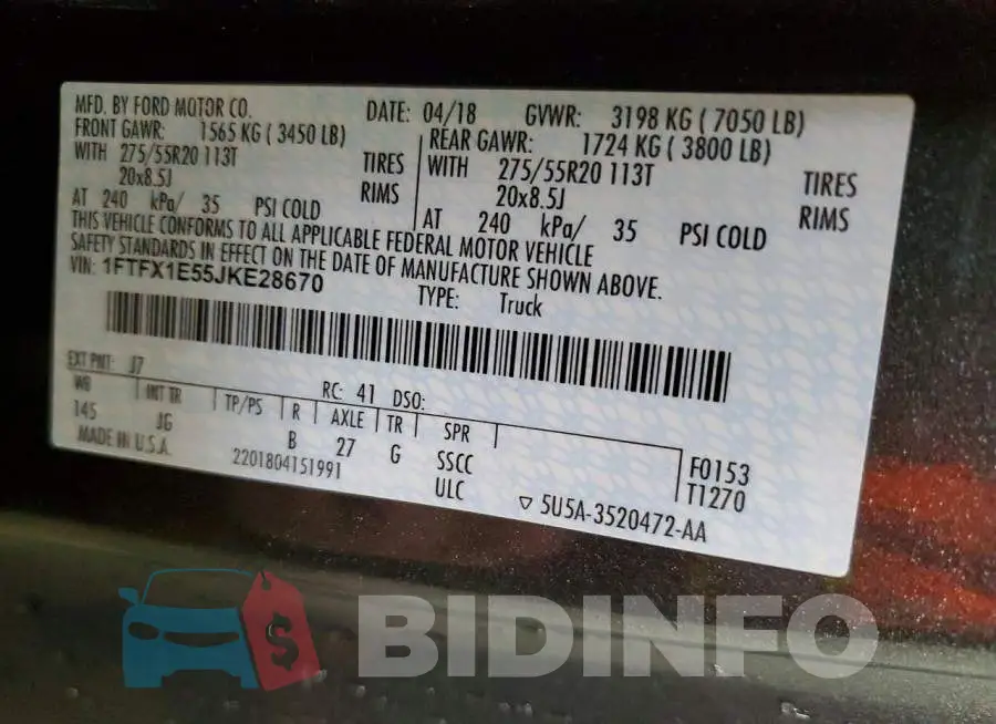 1FTFX1E55JKE28670 Photo# 12