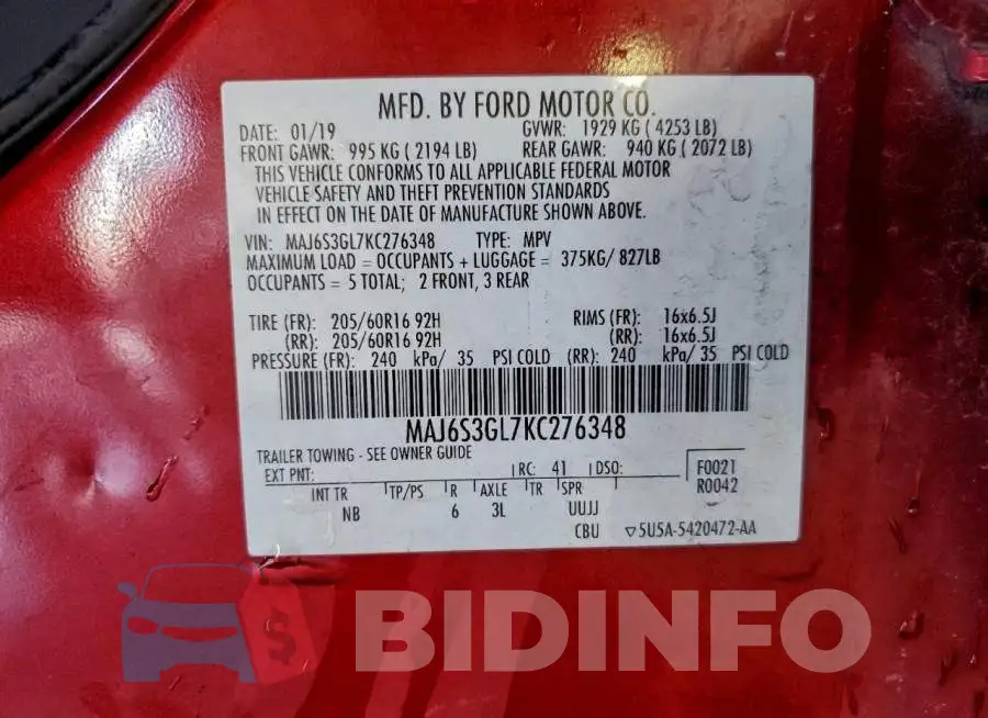 MAJ6S3GL7KC276348 Photo# 13