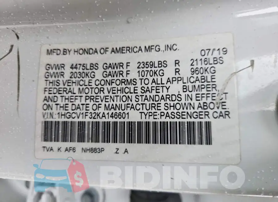 1HGCV1F32KA146601 Photo# 12