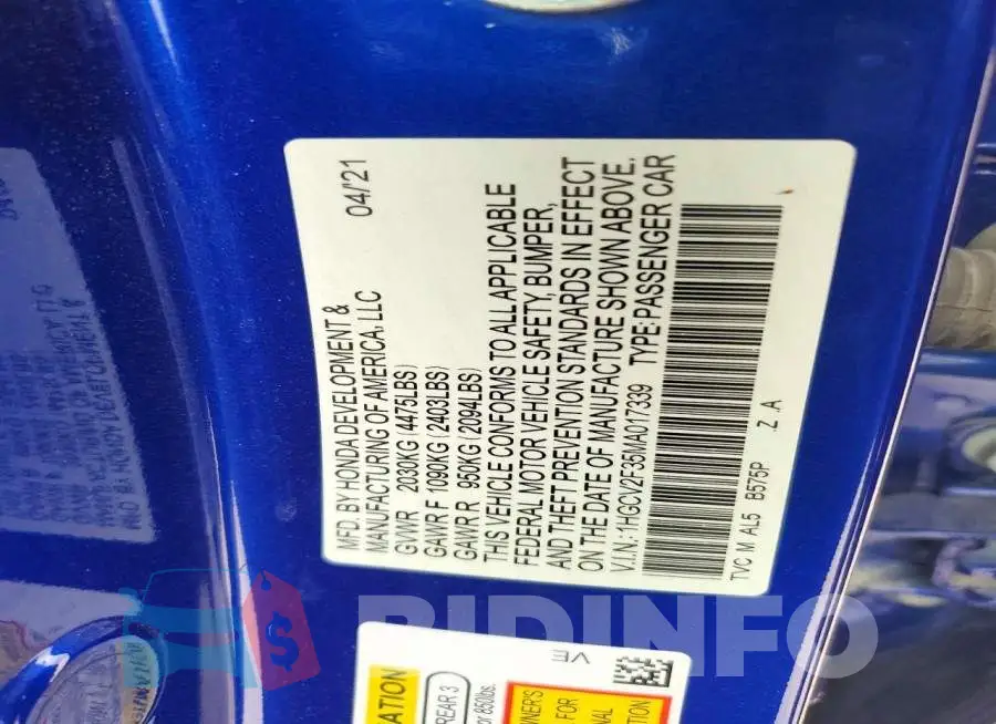 1HGCV2F35MA017339 Photo# 10