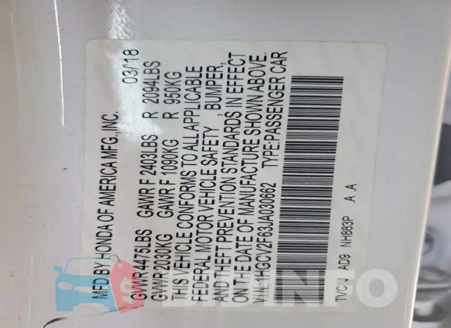 1HGCV2F63JA030662 Photo# 12