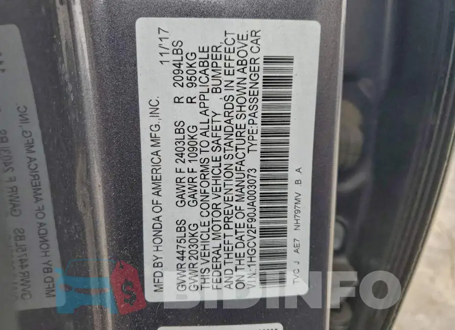 1HGCV2F90JA003073 Photo# 12