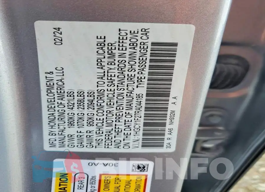 1HGCY1F27RA044185 Photo# 12