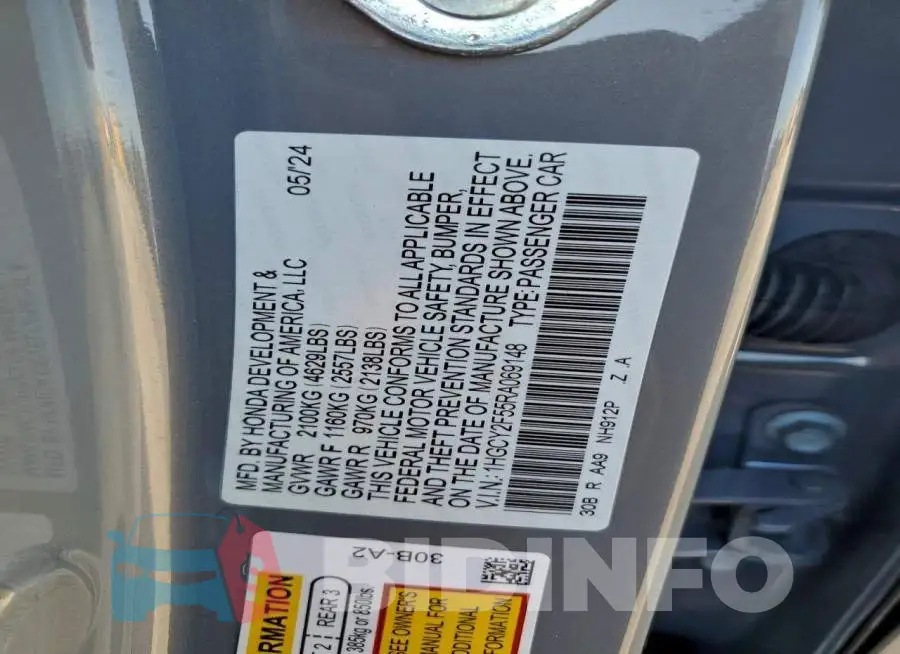 1HGCY2F55RA069148 Photo# 12