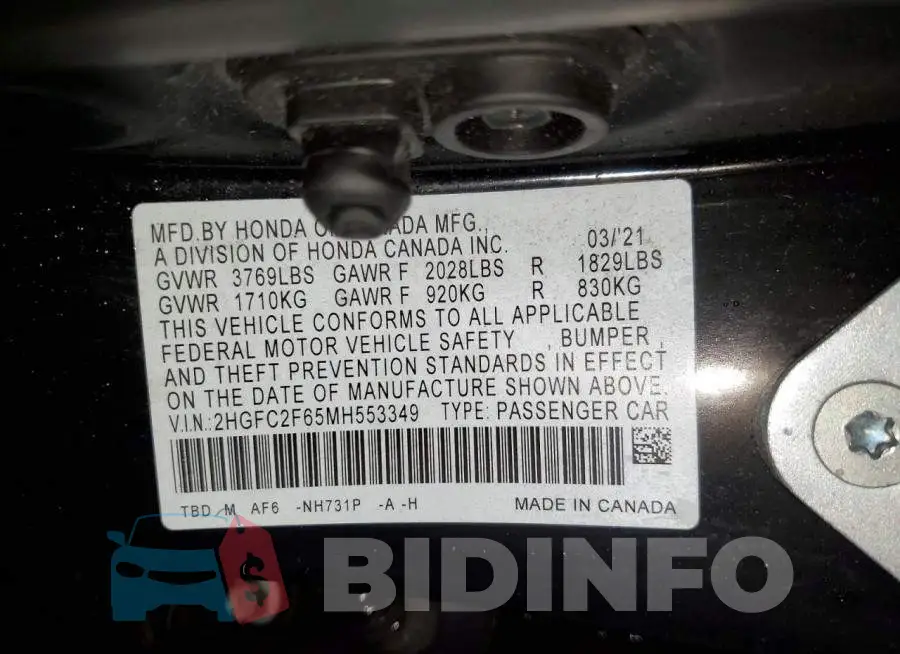 2HGFC2F65MH553349 Photo# 12