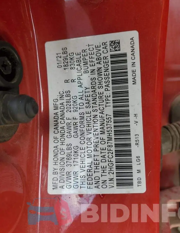 2HGFC2F87MH537557 Photo# 13