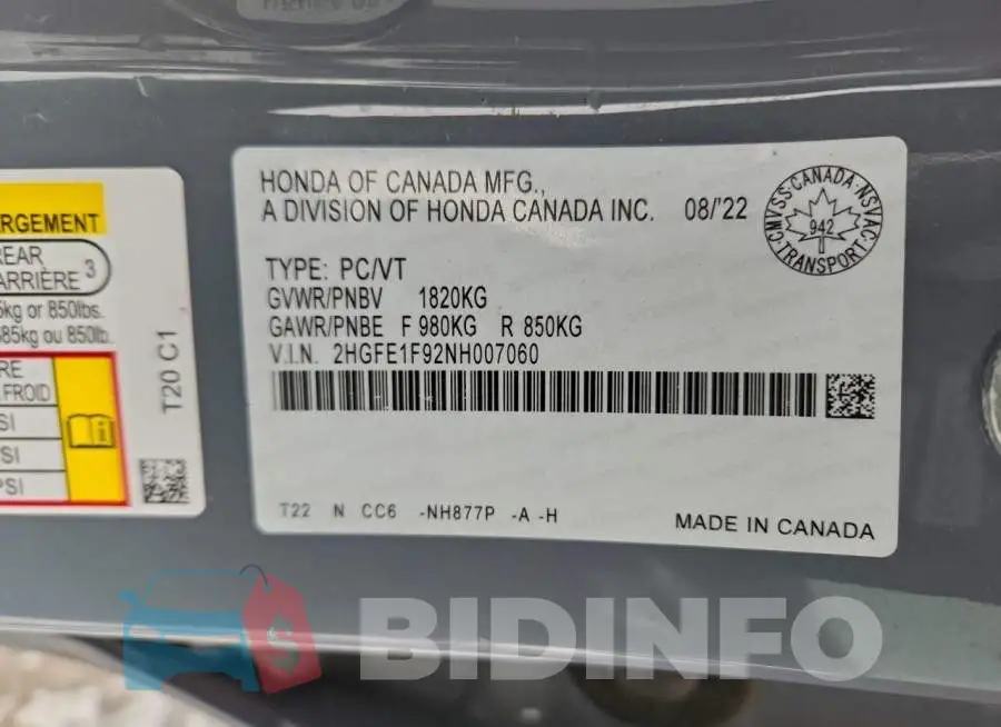 2HGFE1F92NH007060 Photo# 13