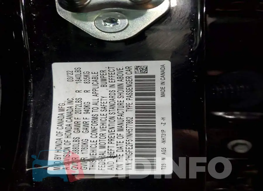 2HGFE2F51NH577862 Photo# 12