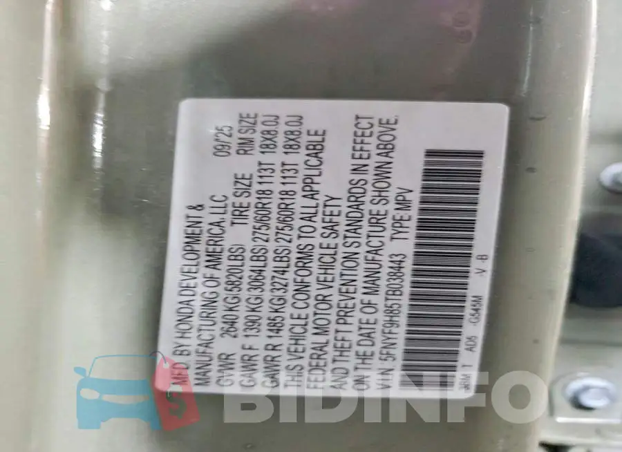 5FNYF9H85TB038443 Photo# 12