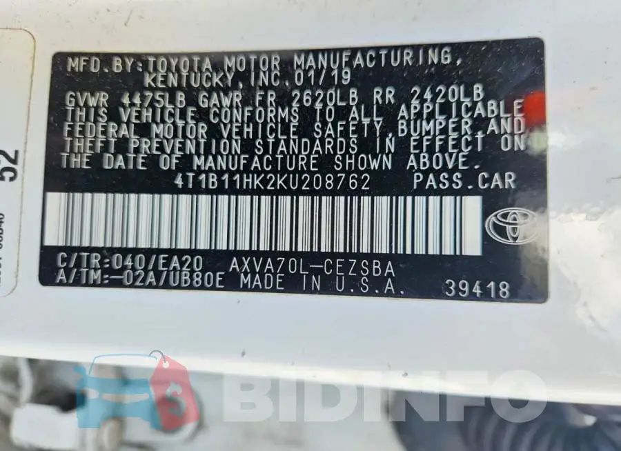 4T1B11HK2KU208762 Photo# 12