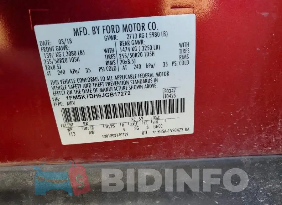 1FM5K7DH6JGB17272 Photo# 13