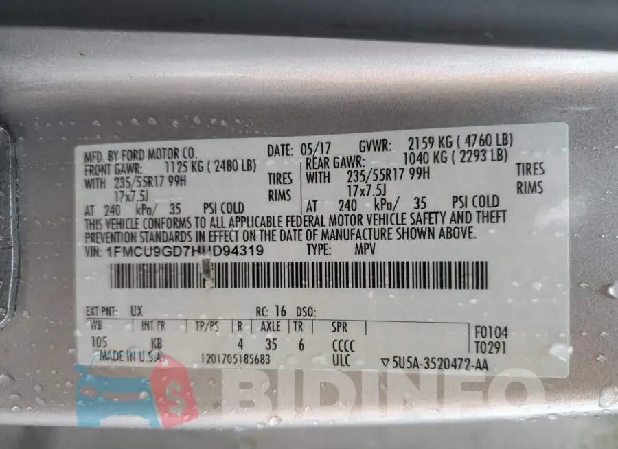 1FMCU9GD7HUD94319 Photo# 13