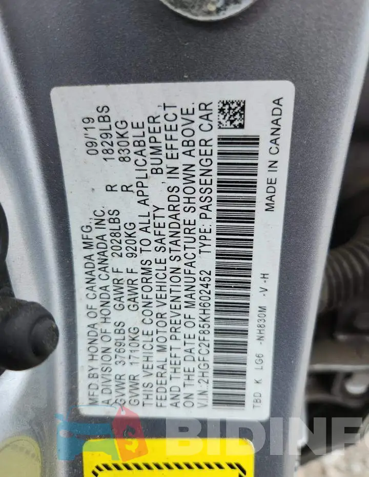 2HGFC2F85KH602452 Photo# 12