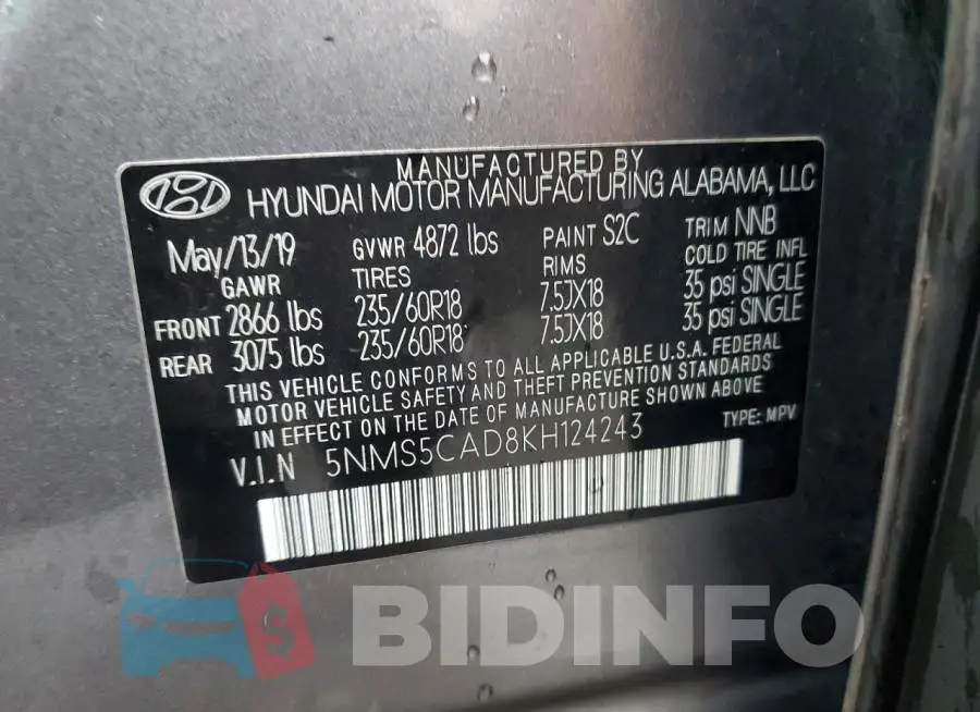 5NMS5CAD8KH124243 Photo# 13